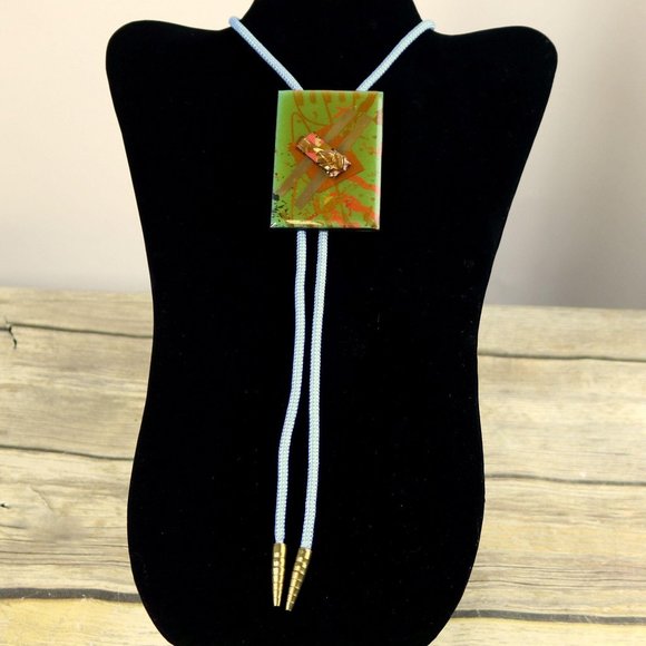 Abstract Green Bolo Tie OOAK Artist Signed Gold Collage Western Necklace - Picture 3 of 9
